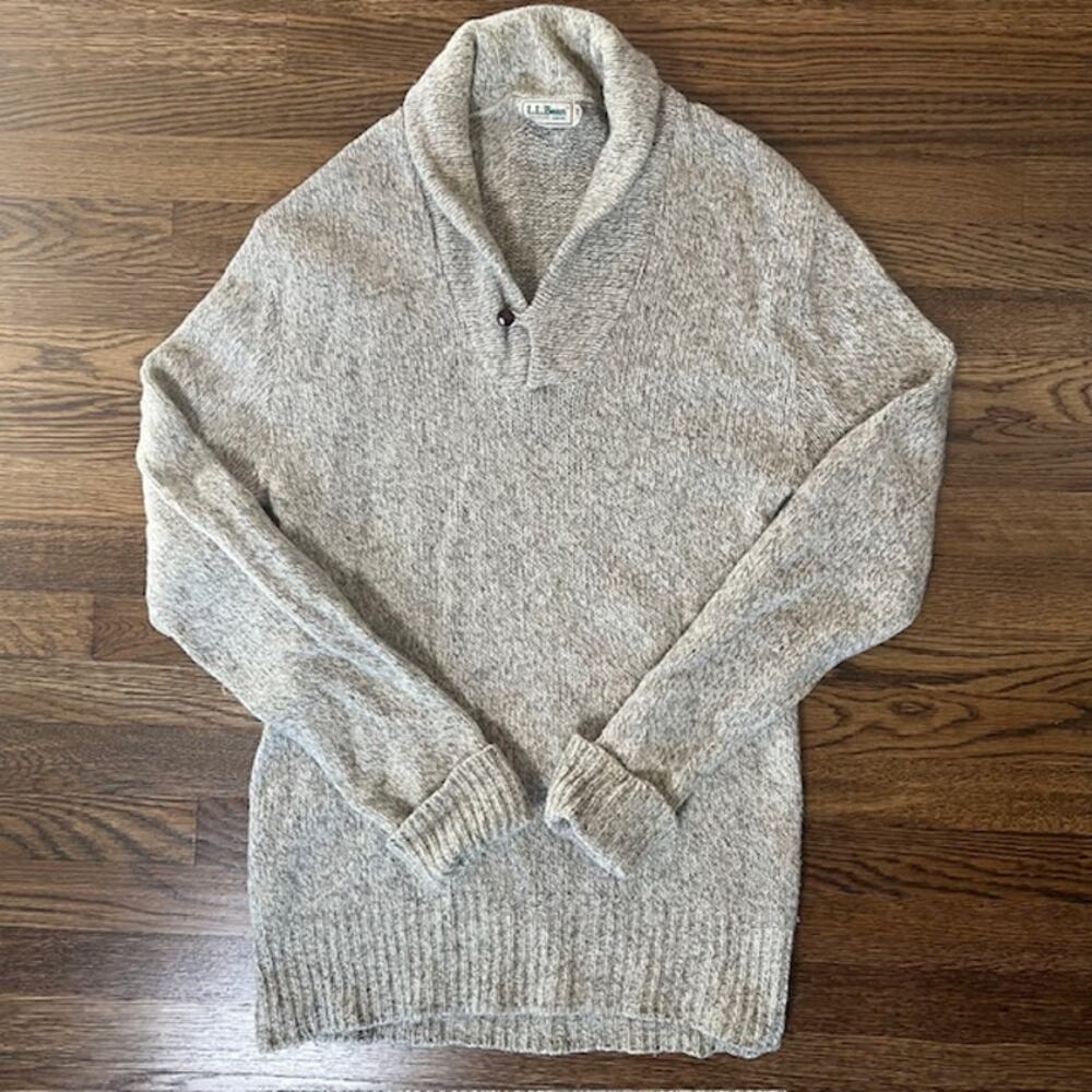 VTG LL Bean Shawl Collar Wool Sweater Mens M Tan Beige Toggle Closure USA Made